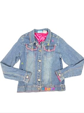Y2K Lisa Frank Girls Denim Jacket Sz 16 Glam Girl Happy Embroidered Girlhoodcore